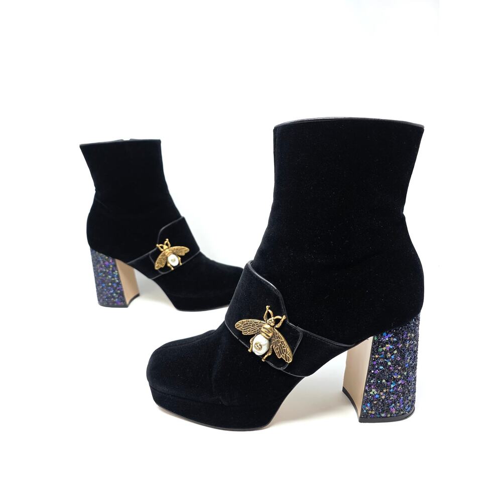 Gucci Platform Soko Bee GG Logo Ankle Boots Black Velvet Square Toe 40.5 10.5